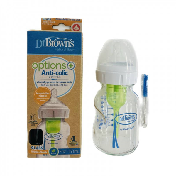 Dr.Brown´s Biberon vidrio anticolico tetina silicona natural flow options boca ancha 150 ml