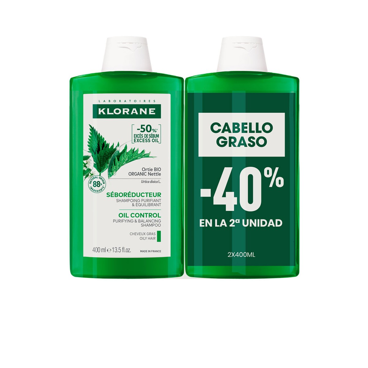 Klorane Champú Ortiga Cabellos Grasos 2 x 400 ml